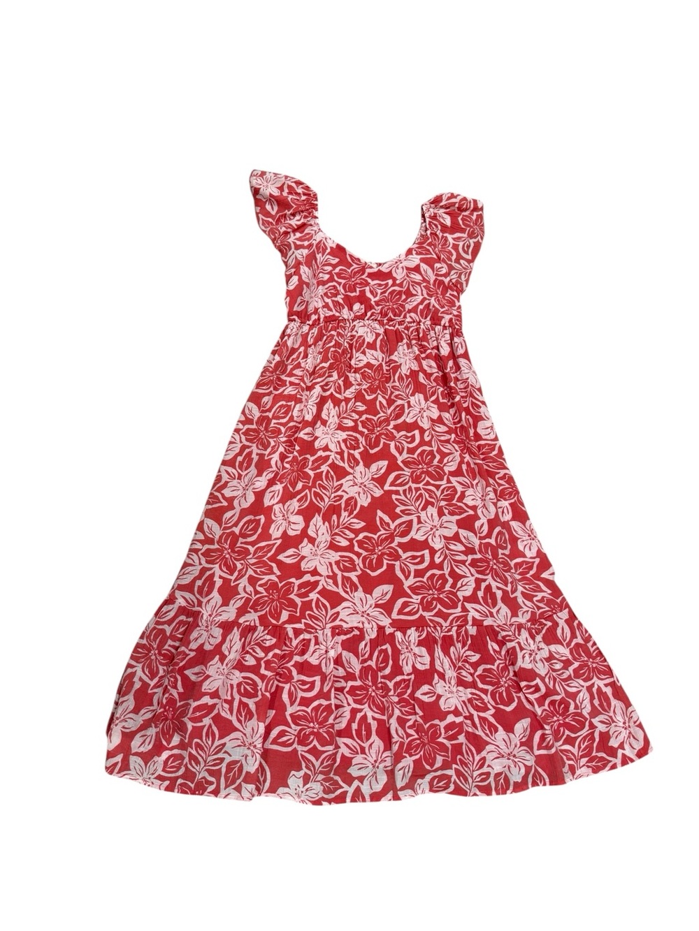 Floral Midi Dress with V-Neck and Flutter Sleeves in Coral